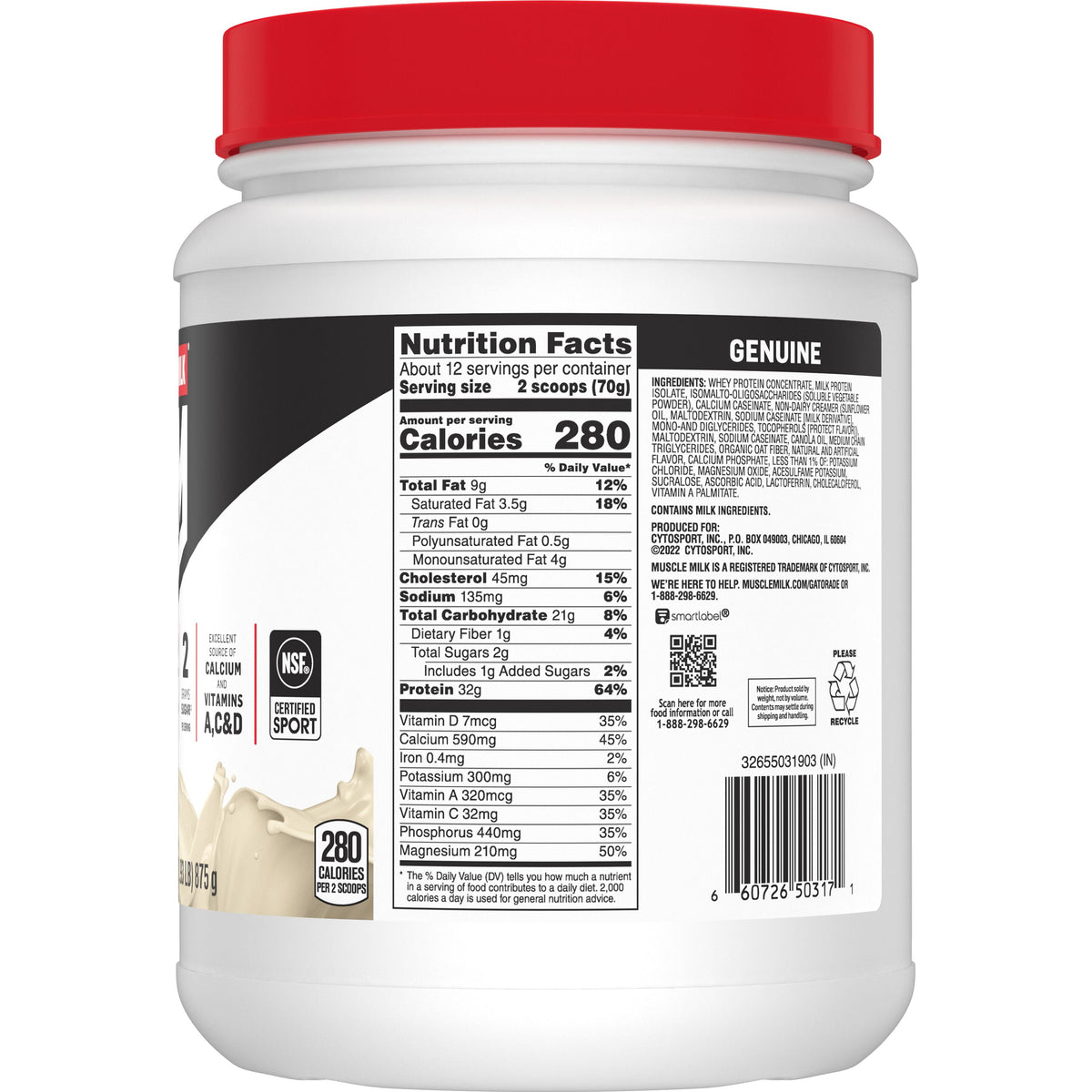 Muscle Milk Genuine Protein Powder, Vanilla, 32g Protein, 1.9lb, 30.9oz