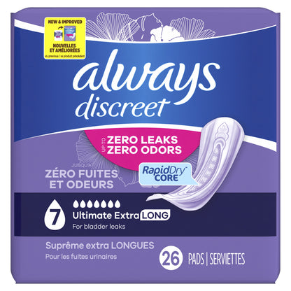 (2 pack) Always Discreet Adult Incontinence Pads for Women, Ultra Absorbent, Long Length, Postpartum Pads, 26 Count