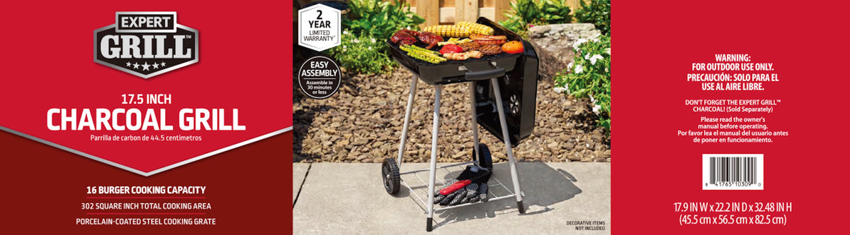 Expert Grill 17.5 Inch Charcoal Grill with Wheels and Adjustable Dampers
