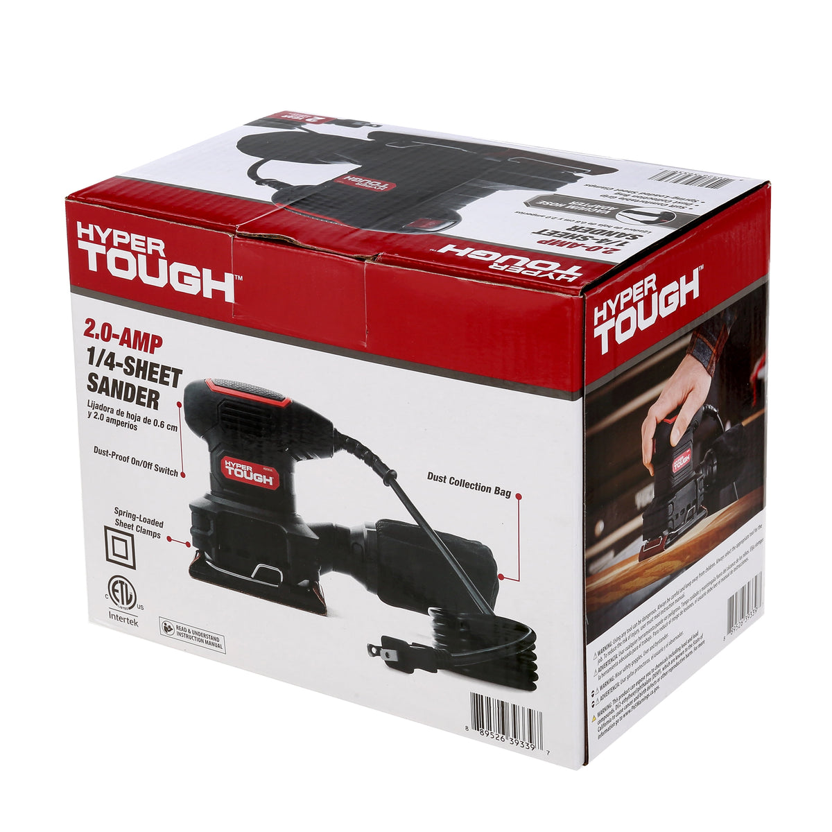 Hyper Tough 2 Amp Corded 1/4-Sheet Palm Sander with Dust Bag, Vacuum Hose Adapter, Punch Plate & 3 Sanding Sheets