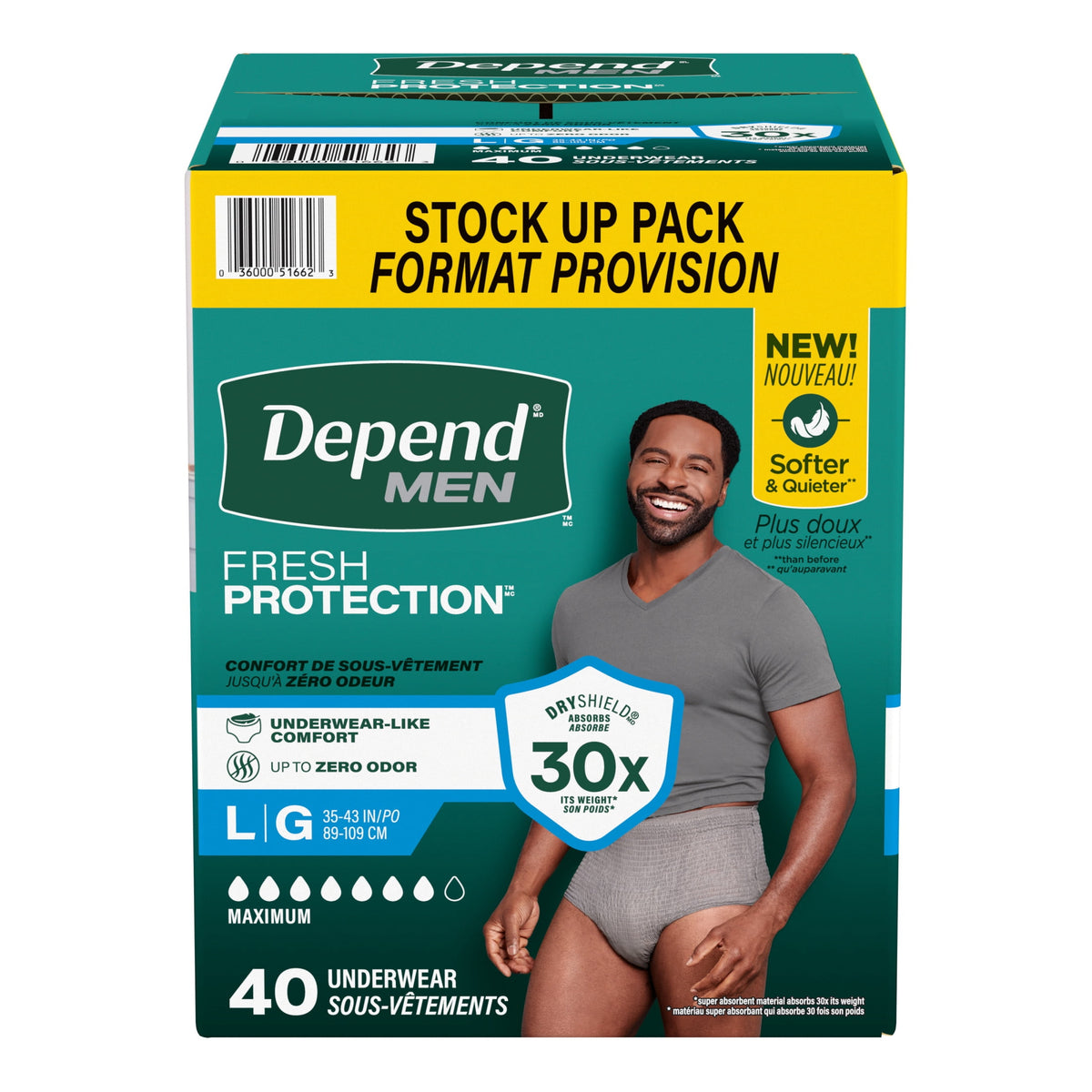 Depend Fresh Protection Incontinence Underwear for Men, Adult Diapers, L (40 Count)