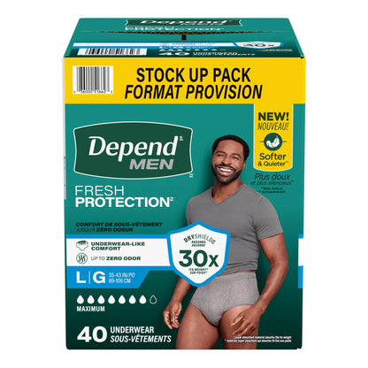 Depend Fresh Protection Incontinence Underwear for Men, Adult Diapers, L (40 Count)