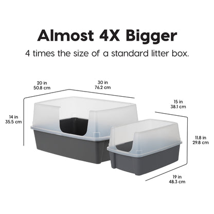 IRIS XXL Open-Top, Side Entry Cat Litter Box with High Sides, Easy to Clean for Big Cats, Gray