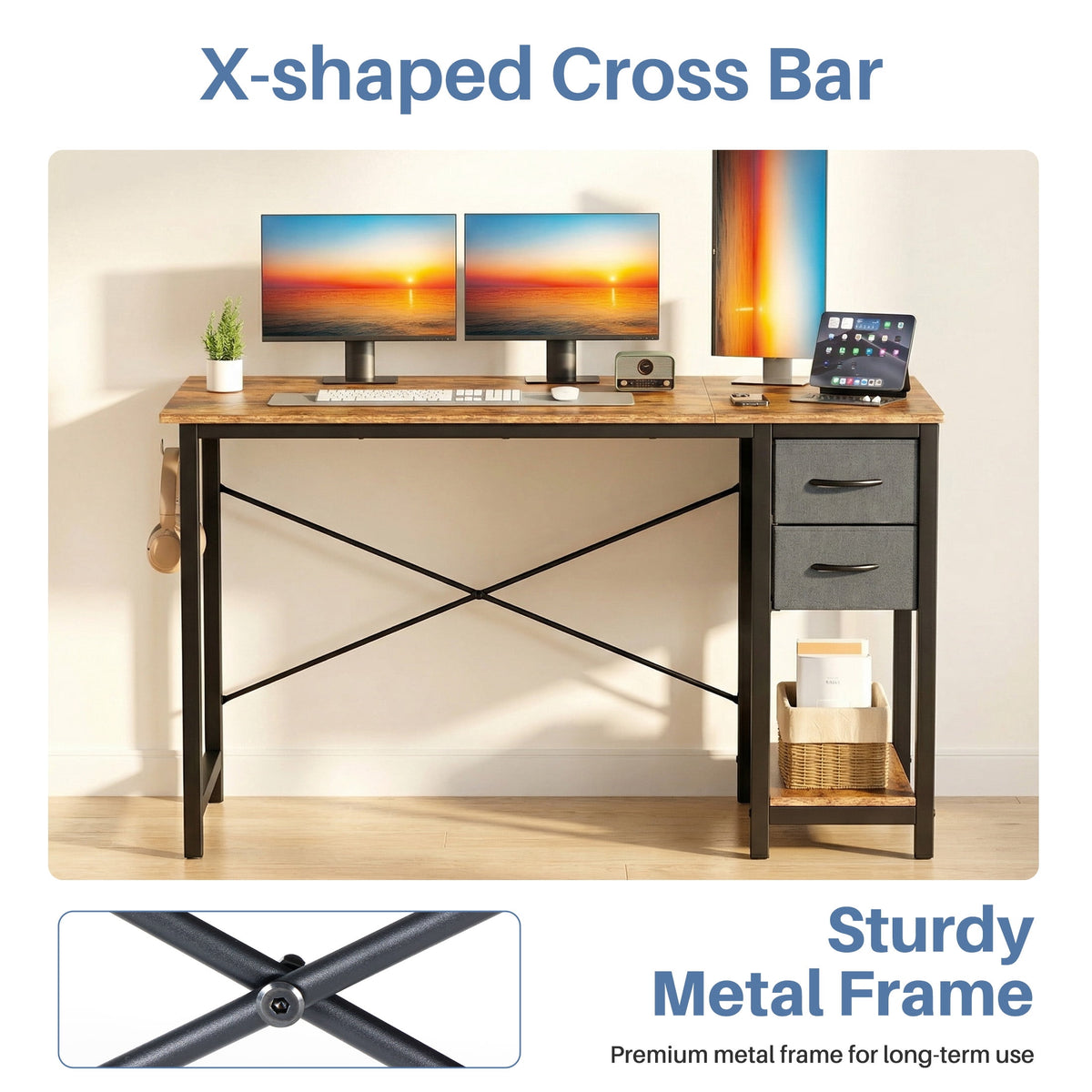 CONCETTA 40in Small Computer Desk with 2 Drawers, Side Headphone Hook, Writing Work Study Desk for Home, Rust Brown