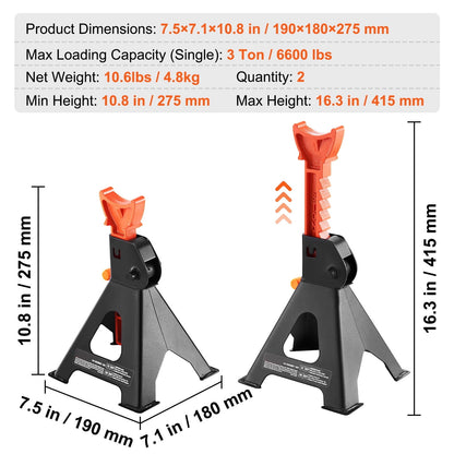 KFFKFF Jack Stand, 3 Ton (6,000 lbs) Load Bearing Car Support Props, 10.8-16.3 inch Variable Elevation, suitable for elevating SUV, Pickup Truck, Automobile and UTV/ATV, Red, Set of 2