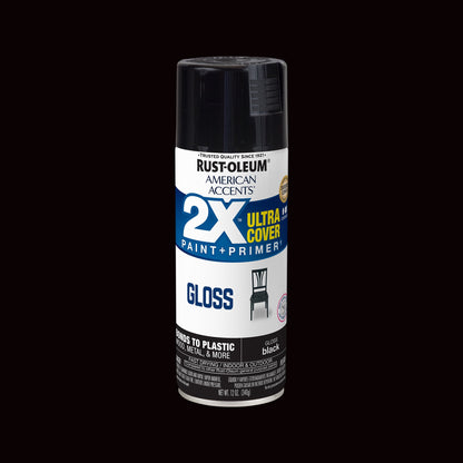 (6 pack) Black, Rust-Oleum American Accents 2X Ultra Cover Gloss Spray Paint-327870, 12 oz