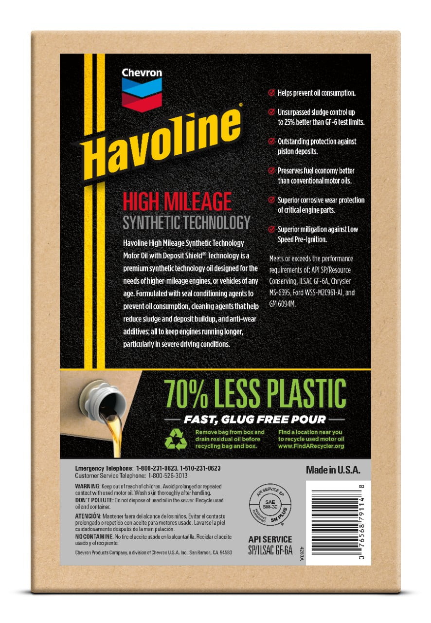 Chevron Havoline High Mileage Synthetic Technology Motor Oil 5W-30, 6 Quart Smart Change Box Case (2-Pack)