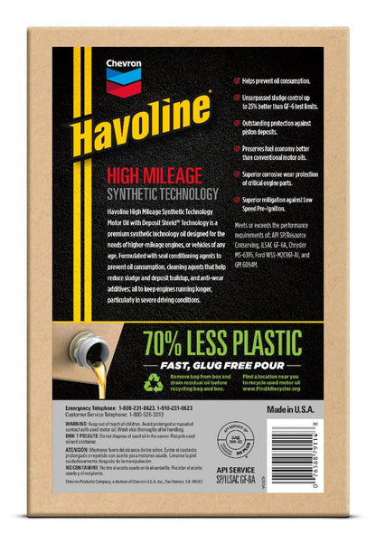 Chevron Havoline High Mileage Synthetic Technology Motor Oil 5W-30, 6 Quart Smart Change Box Case (2-Pack)