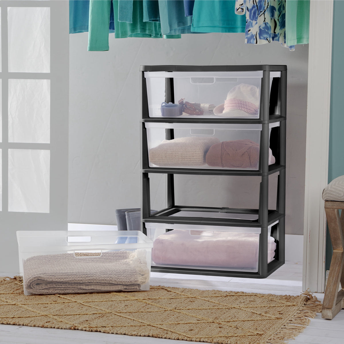 (2 pack) Sterilite Wide 4 Drawer Tower, Plastic Storage Organizer with Removable Clear Bins, Easy Assembly, No Tools Needed, Black