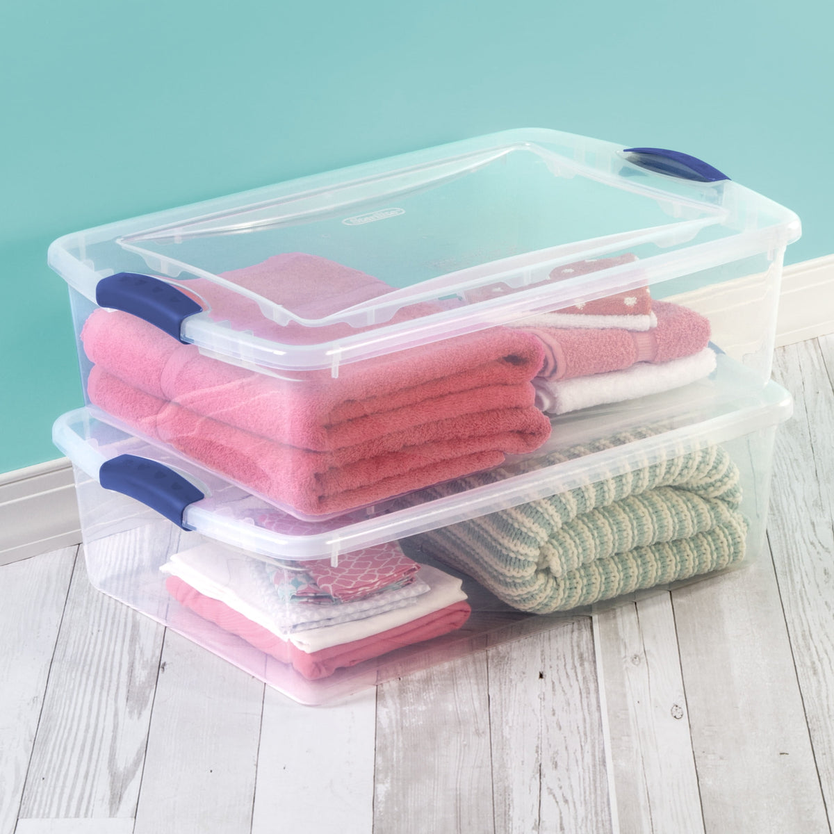 Sterilite Latching Storage Bin, 32 Quart Clear Plastic Storage Container with Latch Lid, Blue, 6 Pack