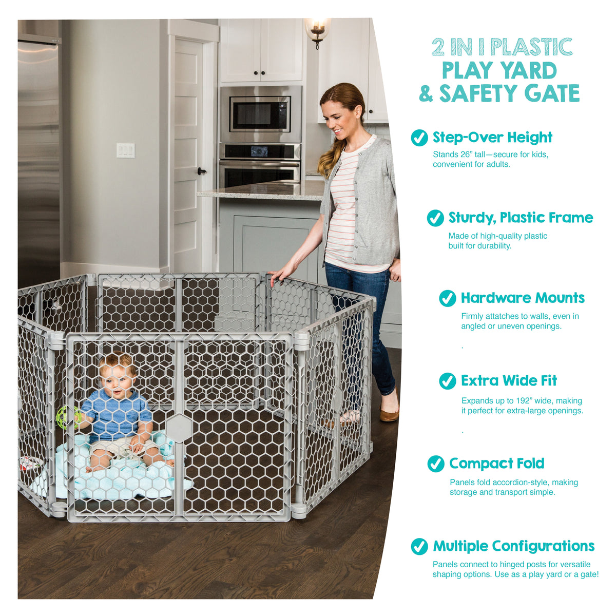 Regalo 2-in-1 Super Wide Baby Gate & Play Yard Plastic 192 Inches, Gray