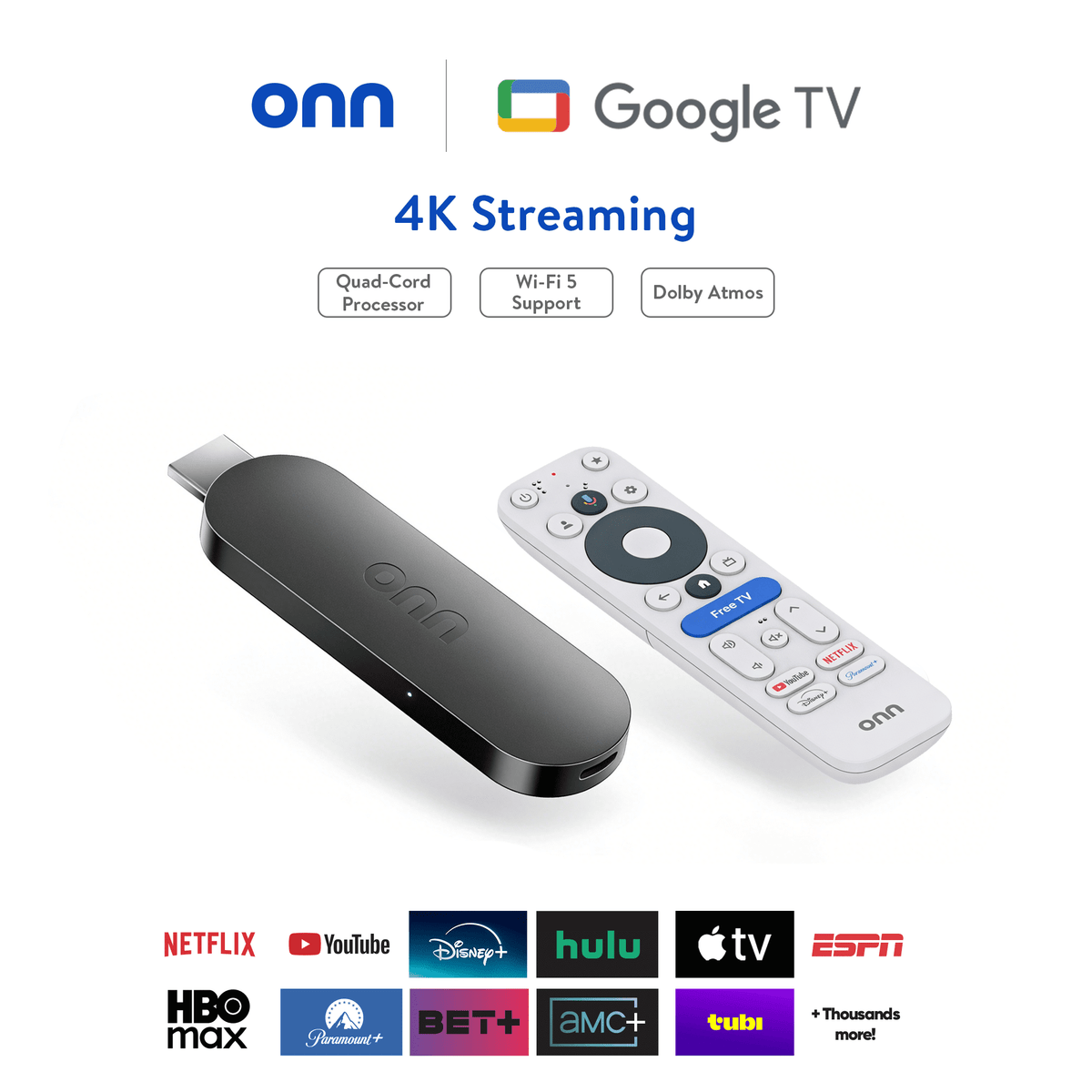 onn 4K Streaming Device, Google TV with Gemini (NEW 2026 Model) - Fast Streaming, Ultra HD, 8GB Storage, 2GB RAM, Remote With Voice Control - U.S. Compatible only