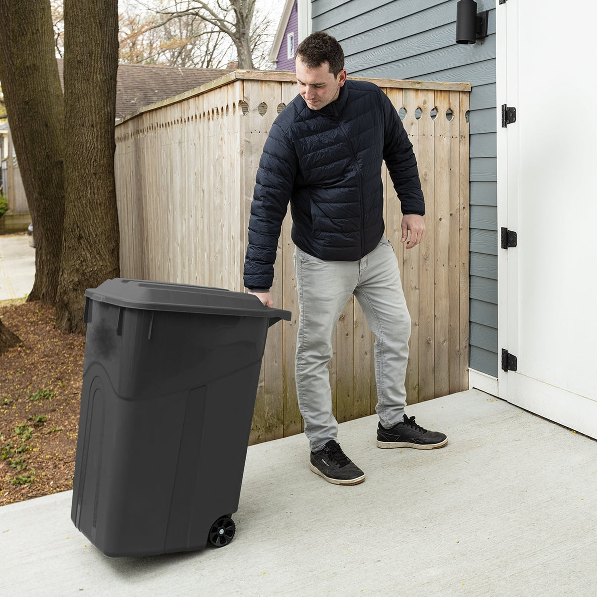 Hyper Tough 45 Gallon Wheeled Heavy Duty Plastic Garbage Can with Attached Lid, Black