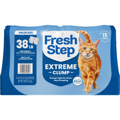Fresh Step Extreme Clump Multi-Cat Clumping Cat Litter, Febreze Freshness Scent, 38 lb, Easy Pour Pouches (4 Pack)