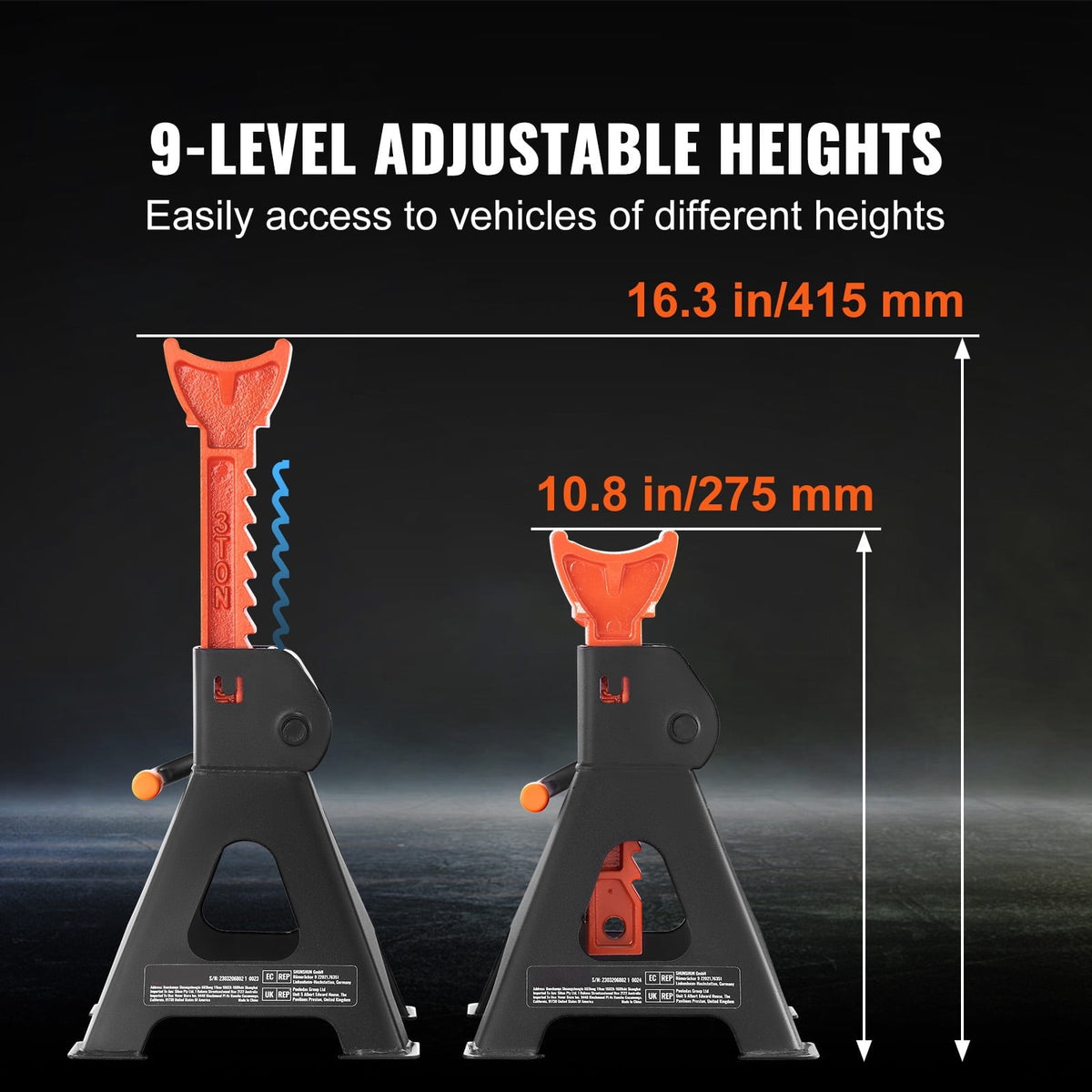 KFFKFF Jack Stand, 3 Ton (6,000 lbs) Load Bearing Car Support Props, 10.8-16.3 inch Variable Elevation, suitable for elevating SUV, Pickup Truck, Automobile and UTV/ATV, Red, Set of 2