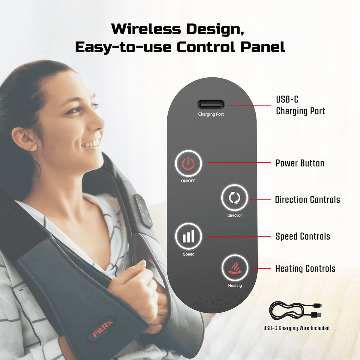 FitRx Cordless Shiatsu 3D Massager, USB-Rechargeable Shoulder, Back, and Neck Massager with Heat