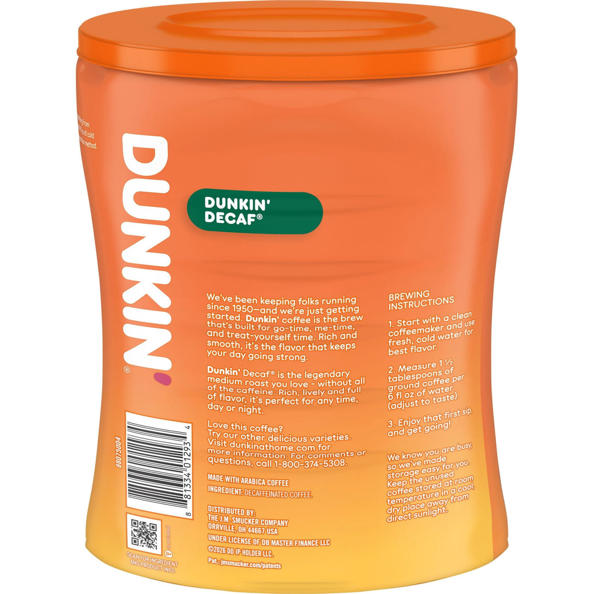 Dunkin’ Decaf Medium Roast Ground Coffee, 30 oz Canister