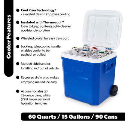 Igloo 60 QT Laguna Ice Chest Cooler with Wheels, Blue