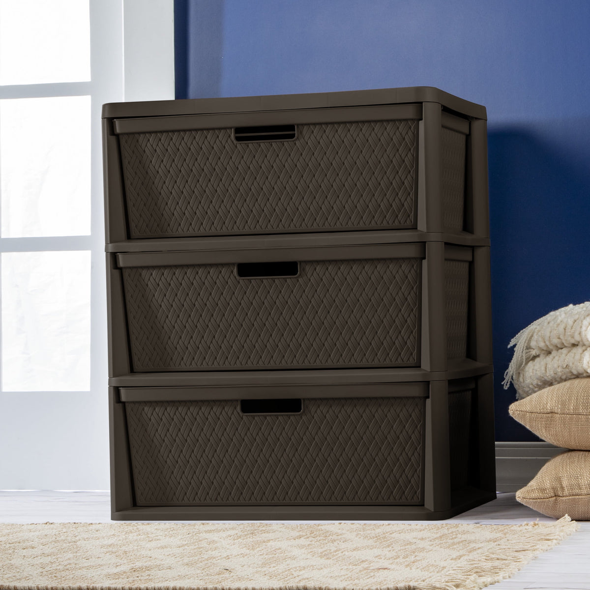 (2 pack) Sterilite Wide 3 Drawer Tower, Plastic Storage Organizer with Removable Decorative Bins, Easy Assembly, No Tools Needed, Brown