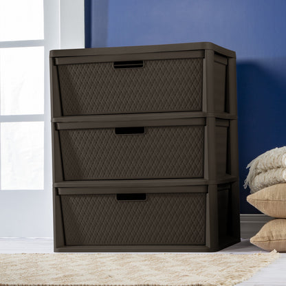 (2 pack) Sterilite Wide 3 Drawer Tower, Plastic Storage Organizer with Removable Decorative Bins, Easy Assembly, No Tools Needed, Brown
