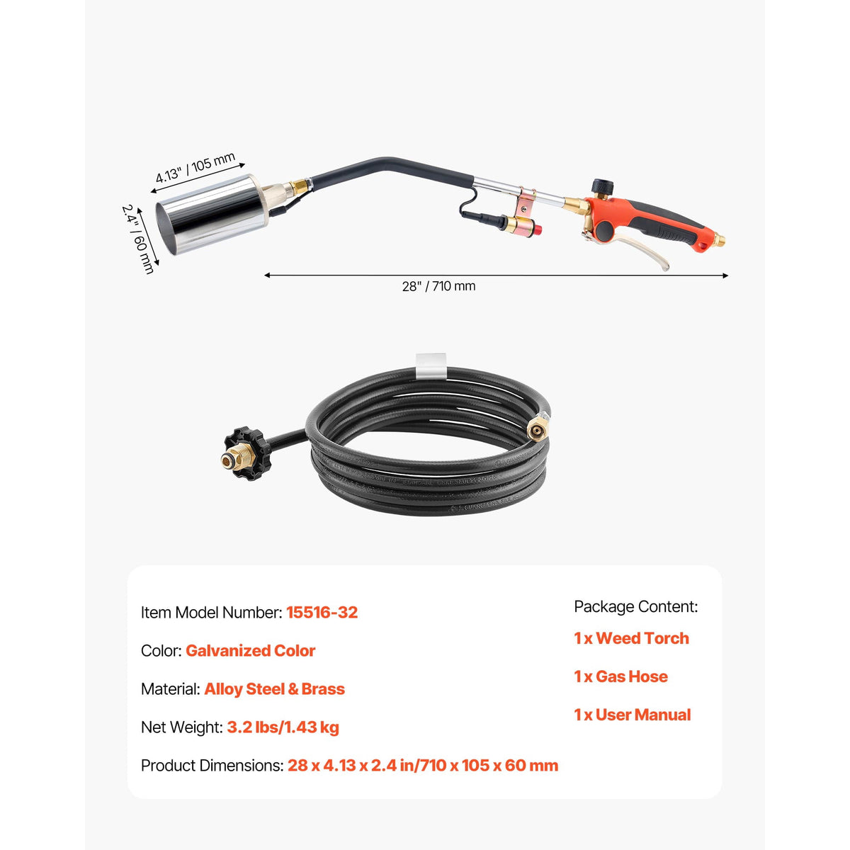 KFFKFF Propane Torch Weed Burner, 1,800,000 BTU Output with 10 ft Hose, Durable Blow Torch with Adjustable Flame and Turbo Trigger Ignition, for Garden, Ice, Snow, and Road Use