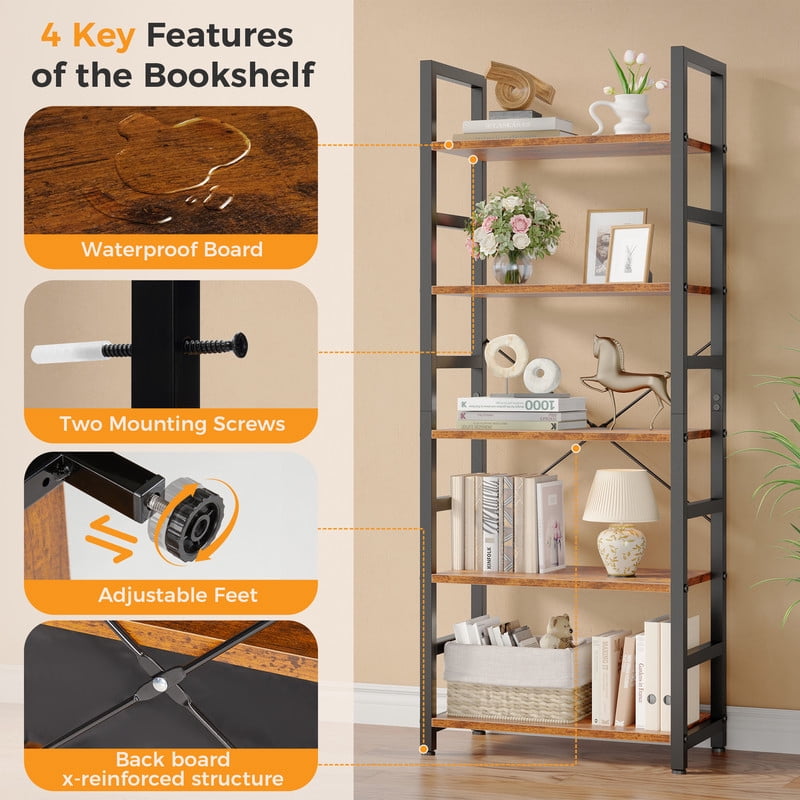 Gianna 5 Tier Bookshelf, Free Standing Shelf, Bookcase Shelf Storage Organizer, Industrial Book Shelves for Home Office, Living Room, Kitchen, Rust Brown