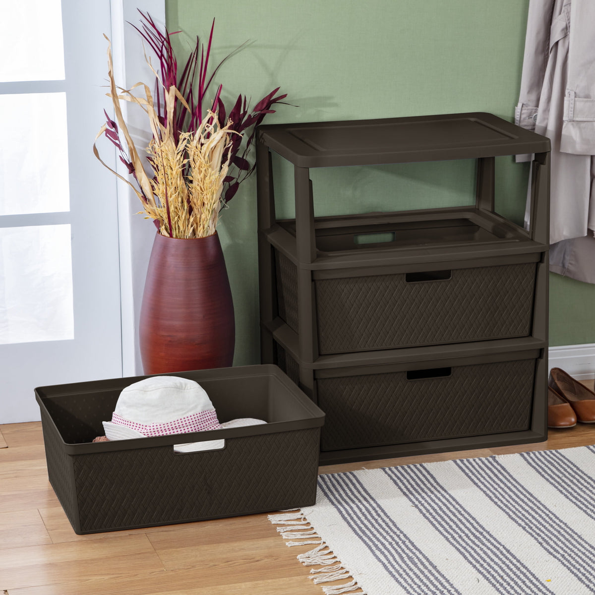(2 pack) Sterilite Wide 3 Drawer Tower, Plastic Storage Organizer with Removable Decorative Bins, Easy Assembly, No Tools Needed, Brown