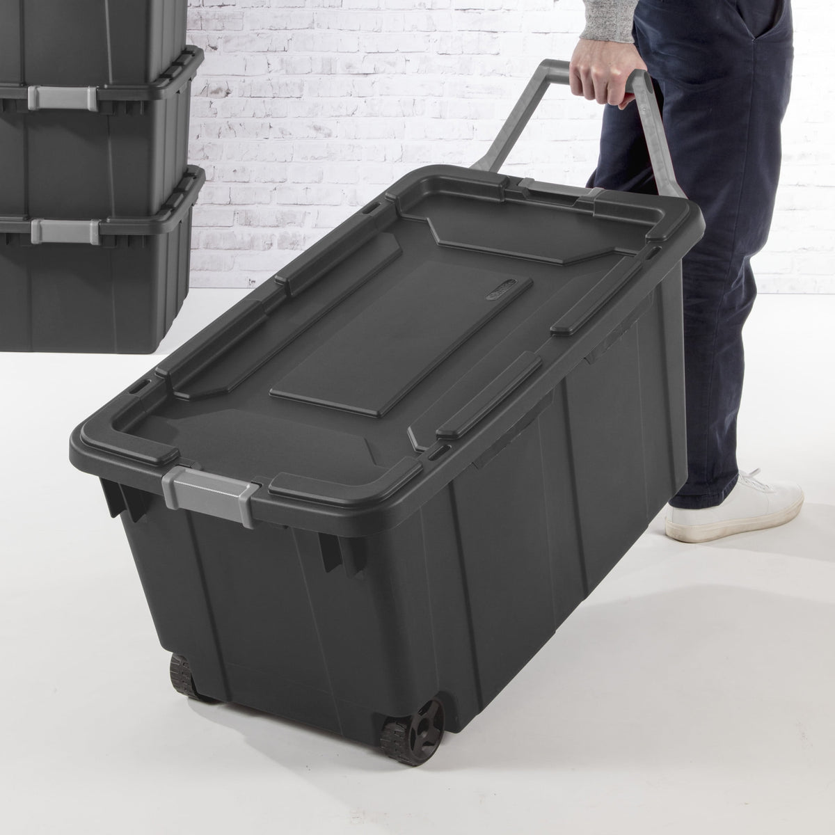 Sterilite Extra-Large Wheeled Industrial Storage Bin, 40 Gallon Durable Plastic Storage Tote with Latching Lid and Pull Handle, Dark Gray, 2 Pack