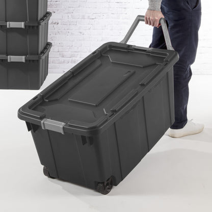 Sterilite Extra-Large Wheeled Industrial Storage Bin, 40 Gallon Durable Plastic Storage Tote with Latching Lid and Pull Handle, Dark Gray, 2 Pack
