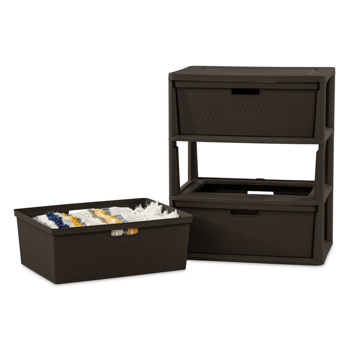 (2 pack) Sterilite Wide 3 Drawer Tower, Plastic Storage Organizer with Removable Decorative Bins, Easy Assembly, No Tools Needed, Brown
