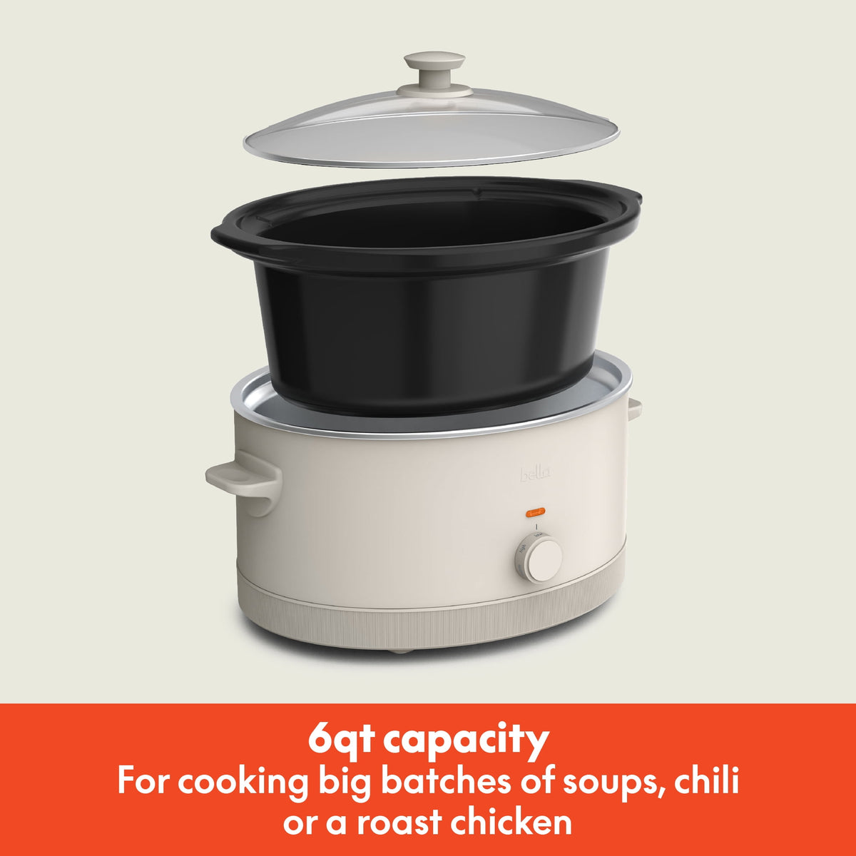 bella 6 Qt Manual Slow Cooker with 3 Temperature Settings, Ceramic Nonstick Coating, Dishwasher Safe Stoneware Pot & Tempered Glass Lid, Oatmilk