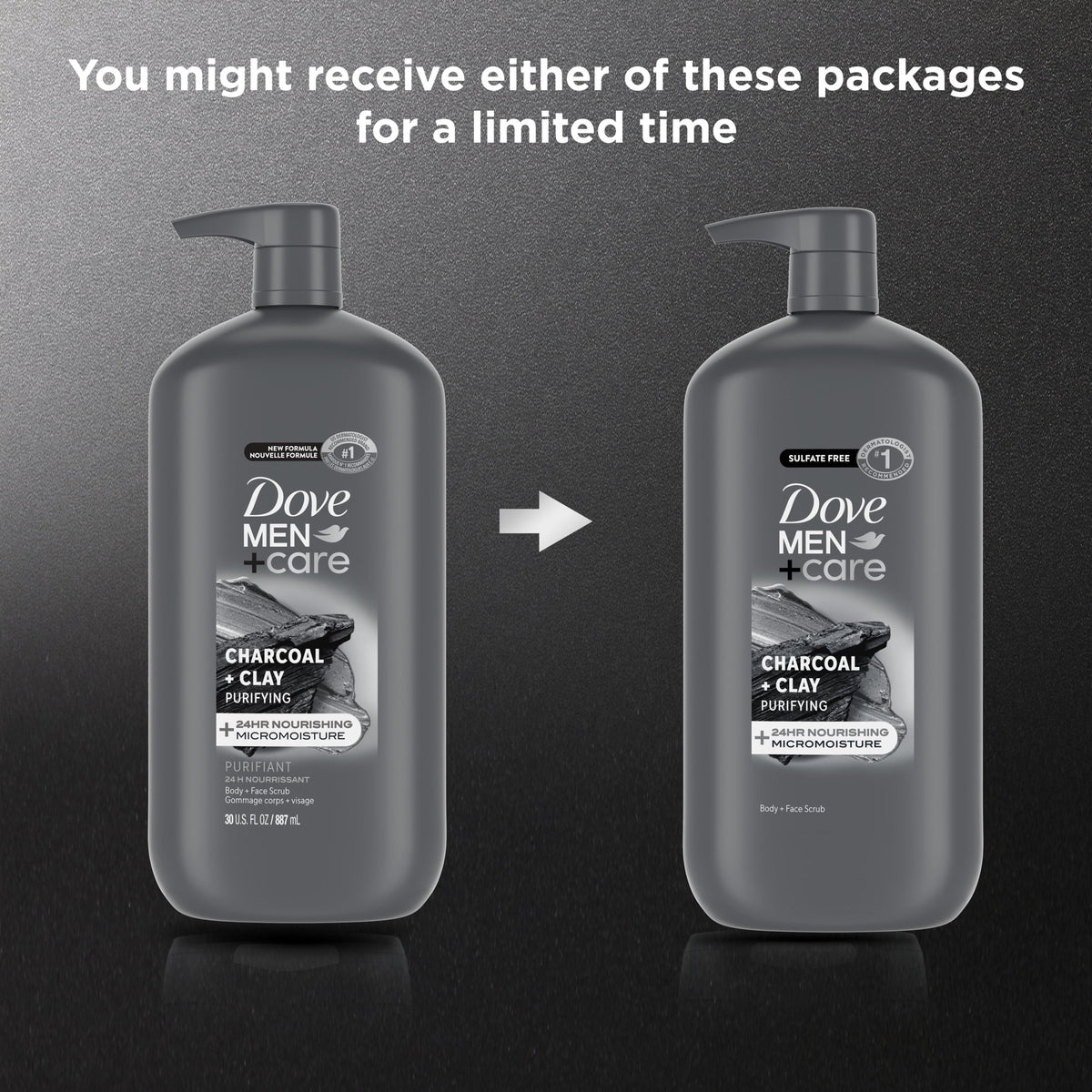 (4 pack) Dove Men+Care Body And Face Scrub Body Wash For Men Charcoal + Clay With 24-Hour Nourishing Micromoisture Technology, 30 fl oz
