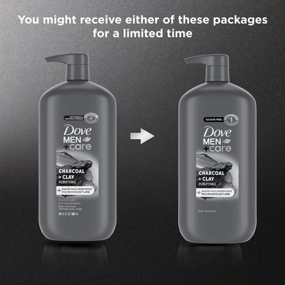(4 pack) Dove Men+Care Body And Face Scrub Body Wash For Men Charcoal + Clay With 24-Hour Nourishing Micromoisture Technology, 30 fl oz