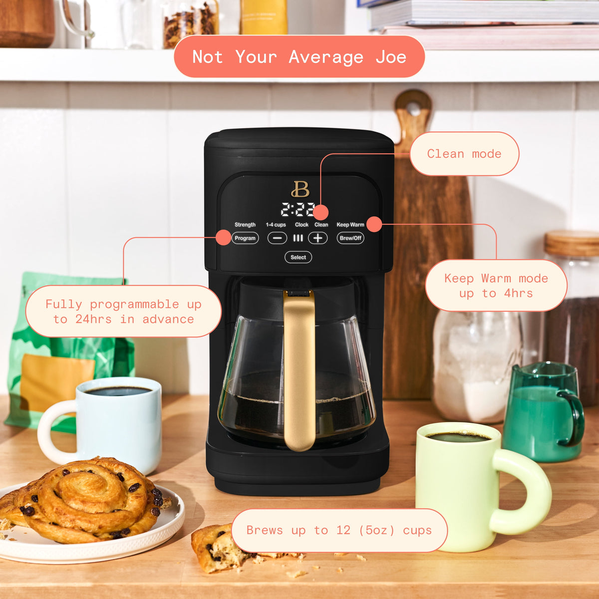 Beautiful by Drew Barrymore 12-Cup Programmable Coffee Maker, Black Sesame