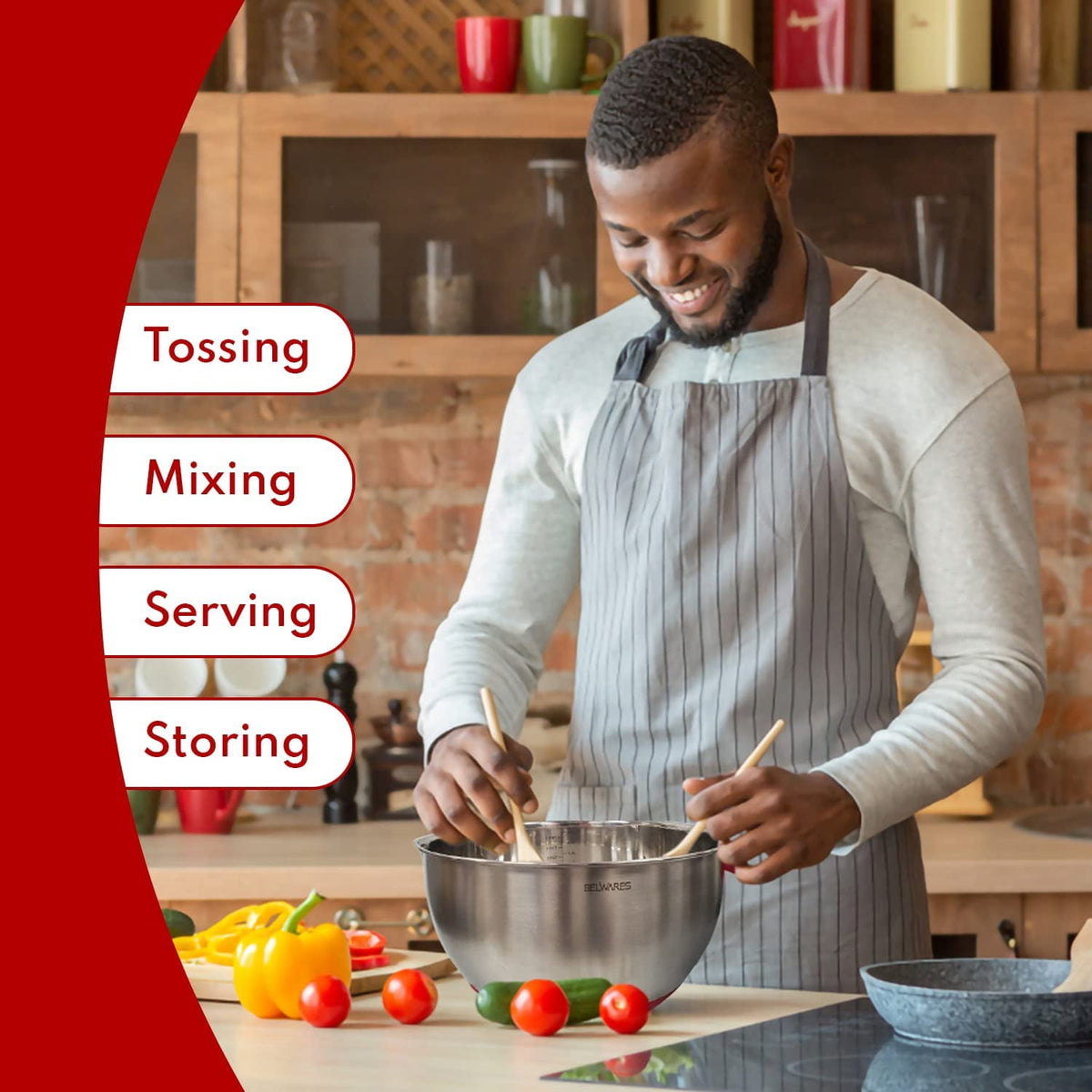 Mixing Bowls with Lids Set of 3, Stainless Steel Nesting Bowls with Red Airtight Lids, Graters, Non-Slip Base and Handles, Bowl Set for Prep, Mixing, and Food Storage