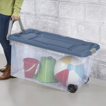 Sterilite Extra-Large Wheeled Rugged Storage Bin, 160 Quart Durable Clear Storage Container with Latching Lid and Pull Handle, Blue, 2 Pack