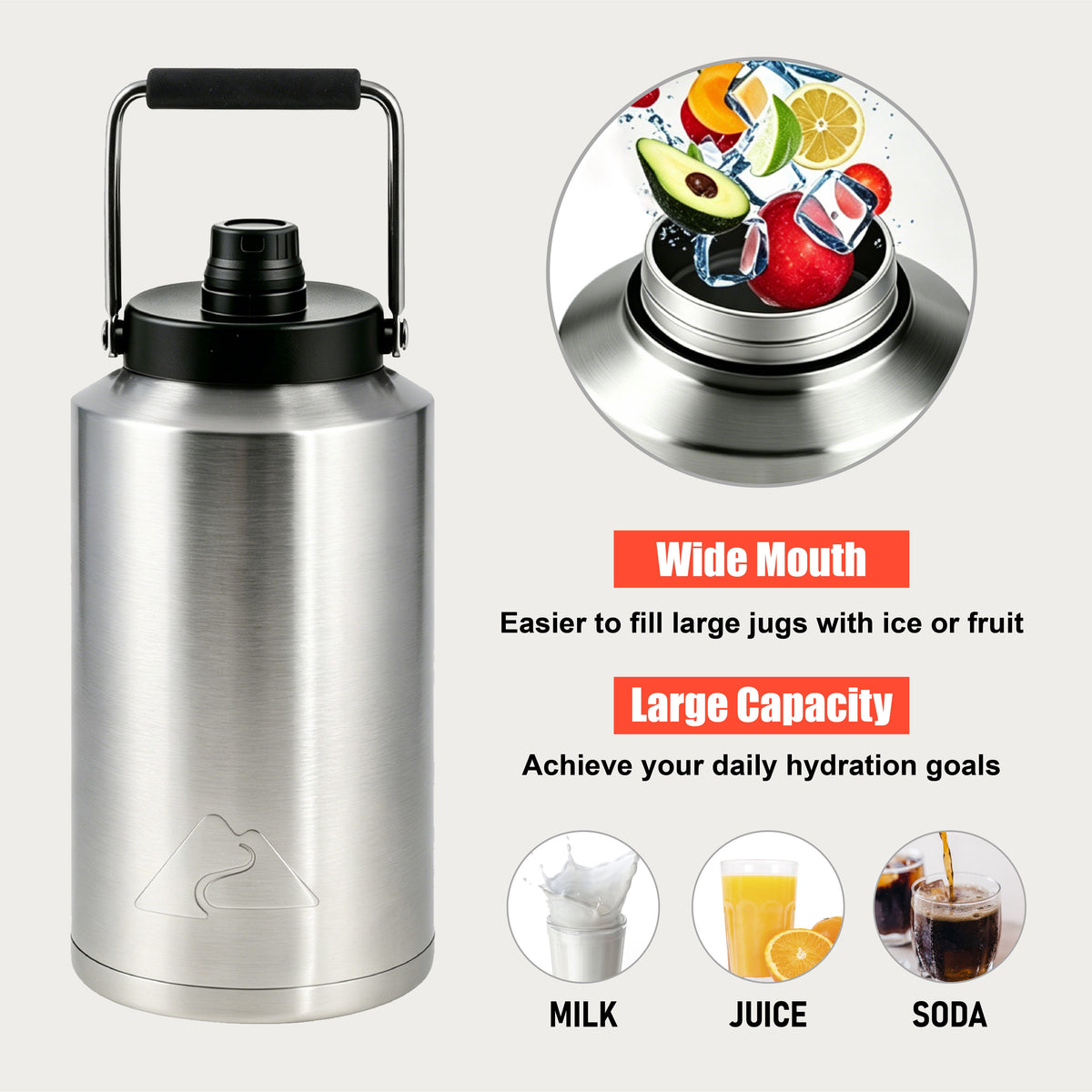 Ozark Trail 1 Gallon 128 Oz Stainless Steel Vacuum Insulated Water Jug with Handle, Flip Spout, Silver