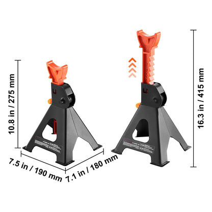 KFFKFF Jack Stand, 3 Ton (6,000 lbs) Load Bearing Car Support Props, 10.8-16.3 inch Variable Elevation, suitable for elevating SUV, Pickup Truck, Automobile and UTV/ATV, Red, Set of 2