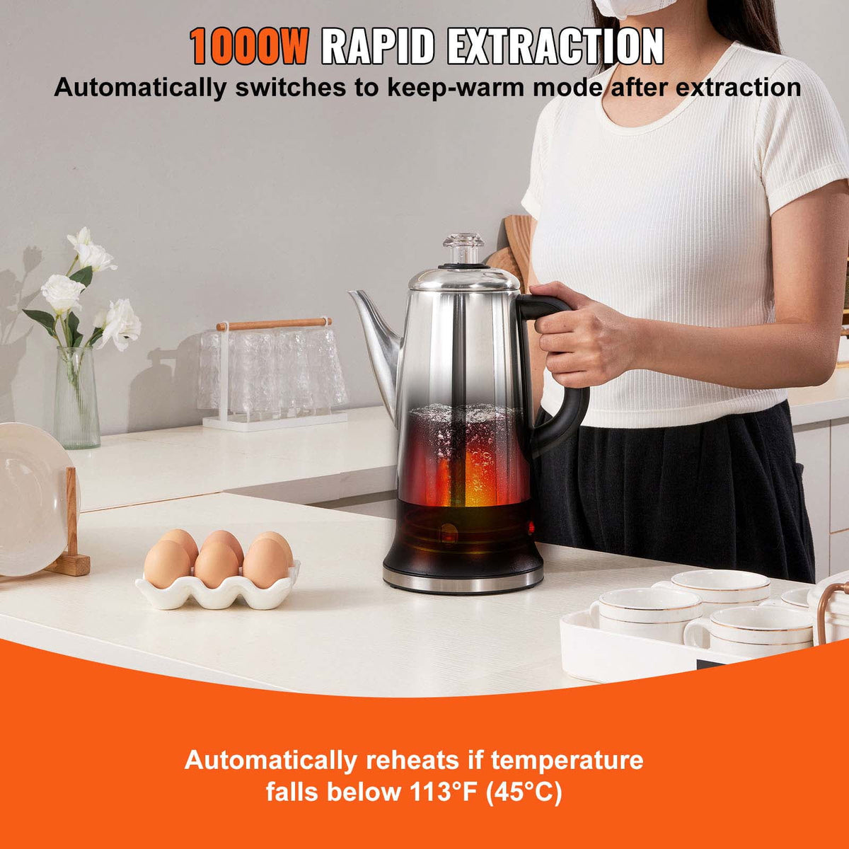 KFFKFF 12-Cup Electric Percolator Coffee Pot Stainless Steel Coffee Maker Silver