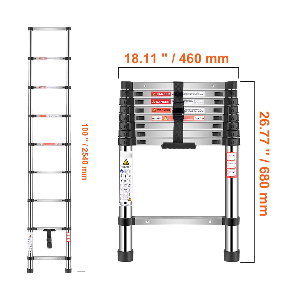 KFFKFF 8.5ft Telescoping Ladder, Stainless Steel Lightweight Extension Ladder with Multi-Button Retraction, 330LBS Load Capacity, Non-Slip Feet, Portable 9-Step Ladder for Home, RV, and Loft