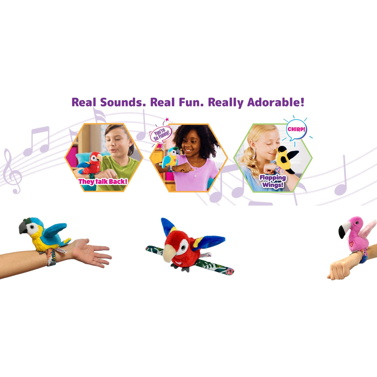 Happy Yappers: Birds 2 Pack - Toucan & Flamingo - Slap Bracelet Interactive Plush Toy Birds, They Chat-Sing-Mimic Each Other, Flap Wings, Kids 3+