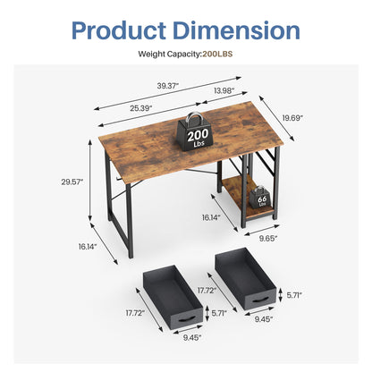 CONCETTA 40in Small Computer Desk with 2 Drawers, Side Headphone Hook, Writing Work Study Desk for Home, Rust Brown