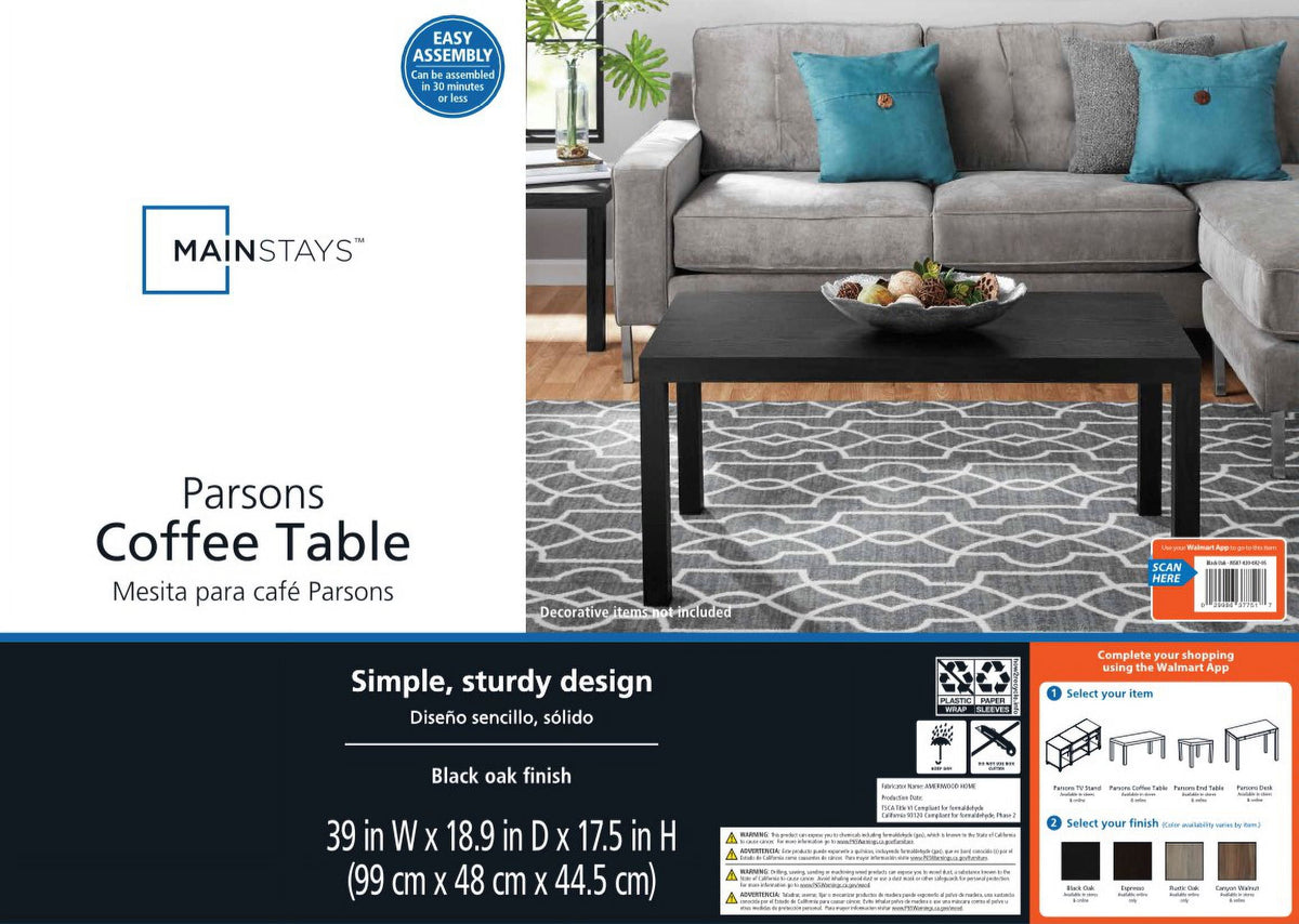 Mainstays Parsons Coffee Table, Black