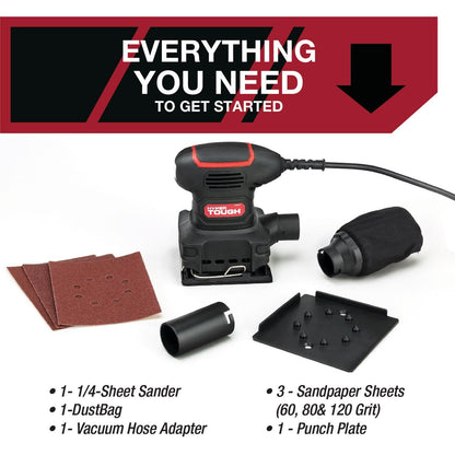Hyper Tough 2 Amp Corded 1/4-Sheet Palm Sander with Dust Bag, Vacuum Hose Adapter, Punch Plate & 3 Sanding Sheets