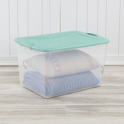 Sterilite Large Latching Storage Bin, 66 Quart Clear Plastic Storage Container with Latch Lid, Mint, 6 Pack