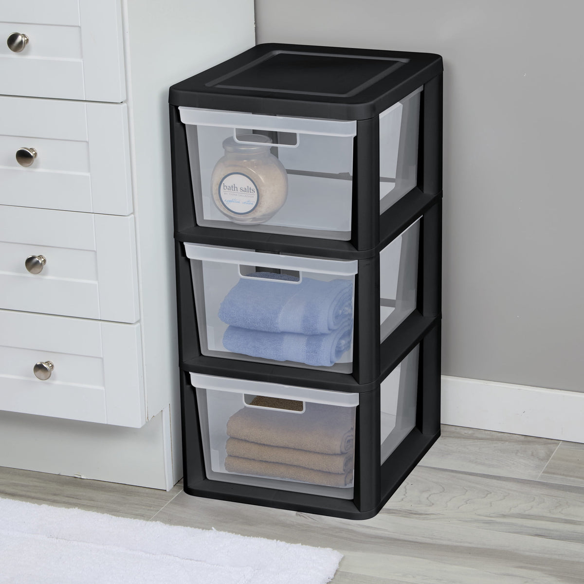 (2 pack) Sterilite 3 Drawer Tower, Plastic Storage Organizer with Removable Clear Bins, Easy Assembly, No Tools Needed, Black