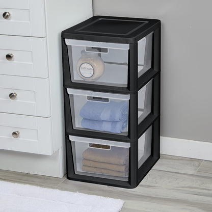 (2 pack) Sterilite 3 Drawer Tower, Plastic Storage Organizer with Removable Clear Bins, Easy Assembly, No Tools Needed, Black