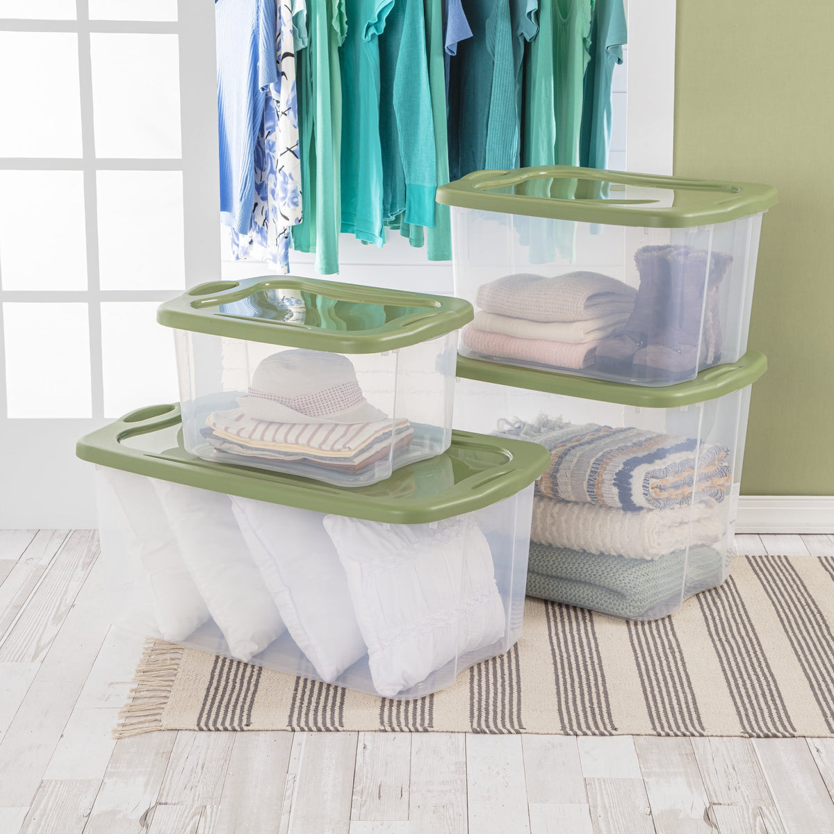 Sterilite Extra Large EZ Carry Storage Bin, 120 Quart Clear Plastic Storage Container with Full-Grip Handles, Green, 4 Pack