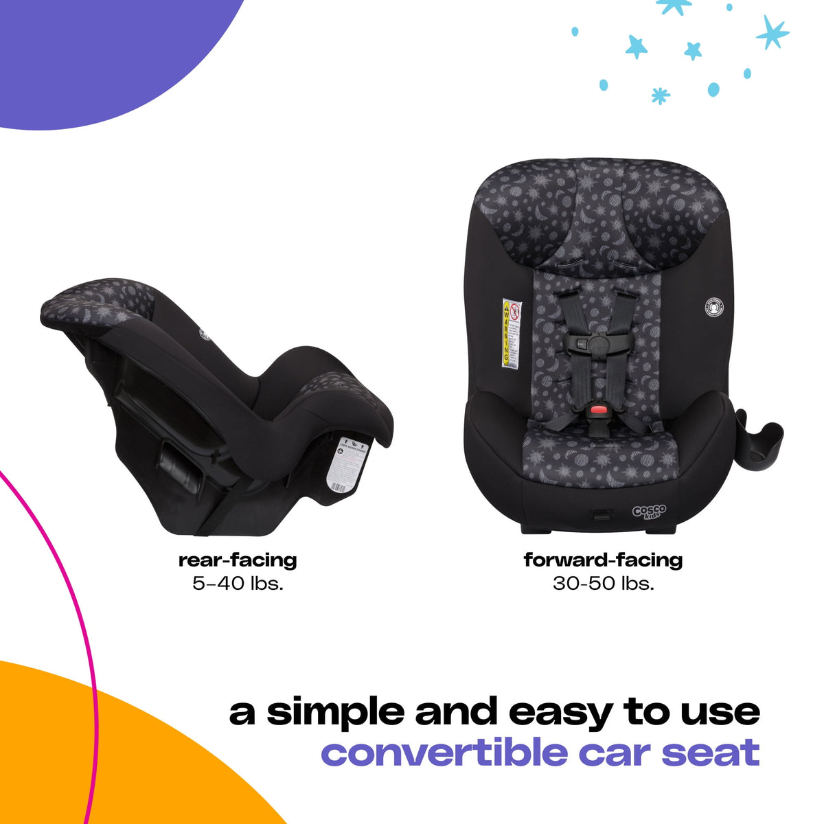 Cosco Kids Scenera Extend Infant & Toddler Car Seat, Convertible Car Seat, Moonlit Night, Black