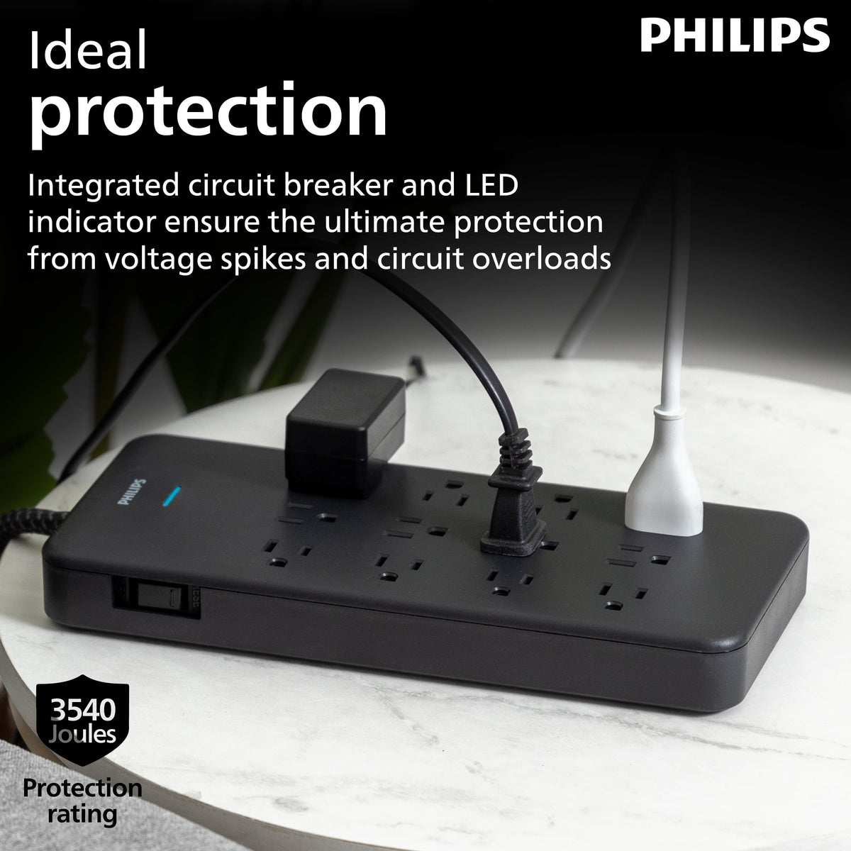Philips Surge Protector Power Strip, 12 Outlet (Wide Spaced), 3500 Joules, Braided Cord, 6ft, Black